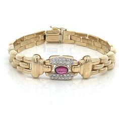 "Ruby and Diamond 14k Yellow Gold Panther Link Bracelet - 6.5\" - Fits Smaller Wrist ~Estate Statement Bracelet  ET1840 This stunning estate bracelet, set in solid 14k yellow gold has a natural Ruby and 26 round brilliant cut diamonds, which really sparkle and shine. The 6.5\" length ensures a perfect fit for smaller wrists, making it a luxurious and stylish accessory for any occasion. Metal Content: Solid 14k Yellow Gold Clasp: Hidden Box Clasp with figure 8 safety clasp Measurements Length:  6.5\"  Width: chain is 8mm wide, center is 12mm wide. Gemstone: Oval Cut Ruby Carat: 0.40 Size in mm: 6.4 x 4.2 Diamonds: 26 Round Brilliant Cut Carat: 0.40 ctw Clarity: SI2 Color: G Weight: 19.73 Grams Marked: 14kt Italy Condition: Excellent Estate Each piece is thoroughly examined and refinished as Figure 8, Box Clasp, Statement Bracelet, Natural Ruby, Round Brilliant Cut Diamond, Chain Link Bracelet, Brilliant Cut Diamond, Stylish Accessories, Link Bracelets