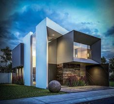 an artist's rendering of a modern house in the evening with grass and rocks