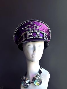 Newest addition to our captain hat collection! stunning purple theme hat for festivals and rave events! Easy and comfortable to wear all day and night!  Novelty gift giving idea and we offer gift wrapping and gift message available during check out!  Great for, Raves, Festivals, Cosplay, Dress-up, new year Parties!  S H I P P I N G -  Processed same day or within 24 hours.  1-2 day guaranteed delivery, add item to cart, click shipping tab for rates.  Pls leave a check out note with your need dat Purple Costume Hats And Headpieces For Carnival Party, Purple Themed Party Costume Accessories, Adjustable Purple Costume Accessories For Party, Purple Mardi Gras Party Costume Hats And Headpieces, Blue Festival Cap, Purple Wide Brim Festival Hat, Luxury Blue Festival Hat, Purple Mardi Gras Party Costume Hat, Rave Captain Hat