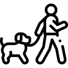 a black and white drawing of a person walking a dog on a leash with an object in his hand