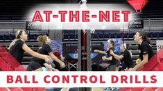 three girls are playing basketball in the gym with red and white banners behind them that read, at the net ball control drills