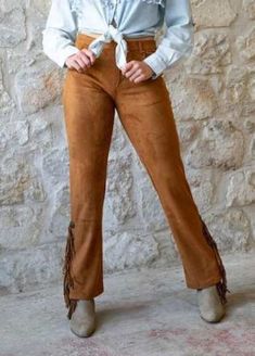 Trendy western chic faux suede pants with fringe at leg on outer sides. Boot cut legs. See our other listings for other sizes. Size 10. Check our other listings for other sizes Fitted Western Pants For Fall, Fall Wide Leg Bottoms With Fringe, Western-style Fitted Pants For Fall, Western Style Fitted Pants For Fall, Wide Leg Pants With Fringe For Fall, Fitted Fringe Pants For Fall, Fitted Wide Leg Bottoms With Fringe, Fitted Fringed Pants For Fall, Wide Leg Fringe Pants For Fall