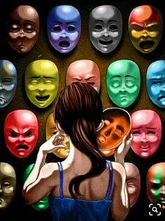 a woman standing in front of many different colored masks