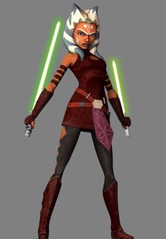 an animated star wars character with two lightsabes on her head and one arm