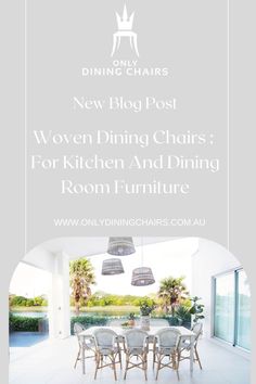 a dining room table and chairs with the words new blog post written in white above it