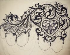 a drawing of a heart with filigrees and diamonds on the side, in black ink