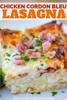 a white plate topped with lasagna and broccoli