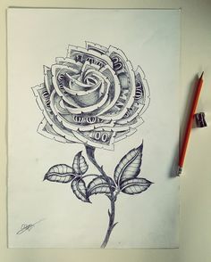 a drawing of a rose with money in the center and leaves on it, next to a pencil