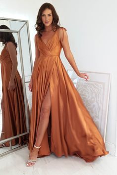 Rio Soft Satin Gown | Champagne Peach Color Bridesmaid Dresses, Oh Hello Clothing, Orange Bridesmaid Dresses, Orange Maxi Dress, Maid Of Honour Dresses, Sunset Orange, Peach Dress, Rust Dress, Pleated Bodice