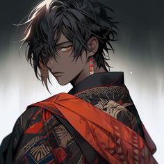 an anime character with black hair and red eyes wearing a kimono in front of a dark background