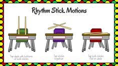 three desks with different colored chairs and the words rhythm stick motions