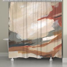 a shower curtain with an abstract painting in brown, beige and orange colors on it