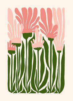 pink and green flowers are in the middle of an art print