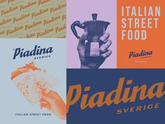 the italian street food logo is shown in four different colors and font styles, along with an image of a hand holding a coffee pot