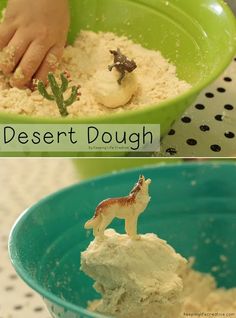 the desert dough is being made in a green bowl with a toy horse on top