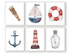 four watercolor paintings of boats, lighthouses and life preservers