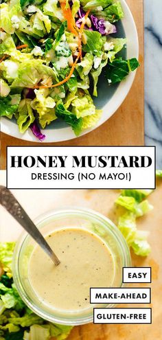 the ingredients for honey mustard dressing are shown in two separate bowls and on top of each other