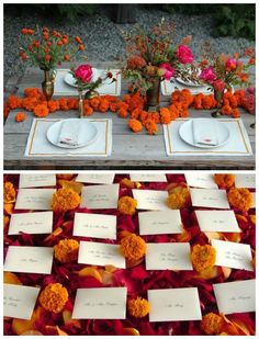 the table is set with flowers and place cards