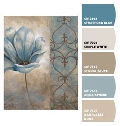 the color scheme for this painting is blue, brown and gray with white flowers on it