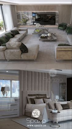 two pictures of a living room with couches, tables and lamps in it's center