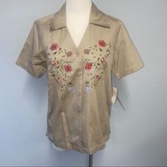 Women’s Short Sleeve Donnkenny Classics Button Down Shirt Size Small Khaki Nwt 100% Cotton We Are Fundraising To Adopt. Your Purchase Helps Our Cause! Heart Spring Camp Shirt With Button Closure For Work, Spring Button-up Camp Shirt, Spring Button-up Camp Shirt With Button Closure, Collared Beige Tops With Snap Buttons, Beige Collared Tops With Snap Buttons, Fitted Camp Collar Tops For Spring, Fitted Spring Tops With Camp Collar, Fitted Spring Top With Camp Collar, Fitted Button-up Camp Shirt For Spring