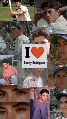 many different pictures of young men with baseball bats and heart shaped stickers on them