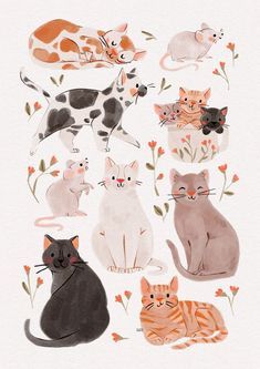 an illustration of cats and kittens with flowers