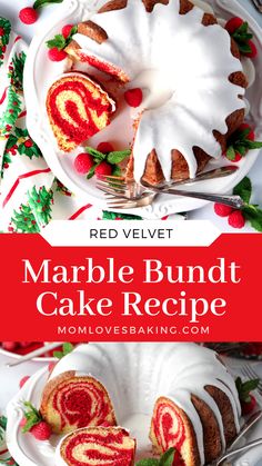 a marble bundt cake with white frosting and strawberries on the top is cut in half