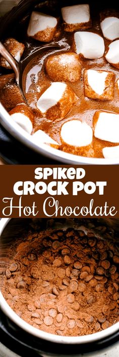 hot chocolate in a crock pot with marshmallows on top and the words spiced crock pot hot chocolate above it