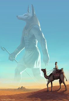 a man riding on the back of a horse next to a giant white dog in the desert