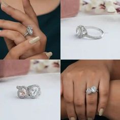 four different views of an engagement ring with diamonds on the side and in between them