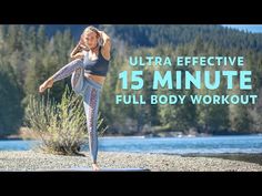 a woman doing yoga on top of a surfboard with the words ultra effective 15 minute full body workout