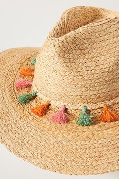 Raffia straw Spot clean Imported | Tassel Fedora by Faherty in Beige, Women's, Straw at Anthropologie Vince Camuto Straw Hat, Straw Hats Outfit, Beach Hats For Women, Charming Cottage, Hat Decoration, Summer Hats For Women, Straw Hats, Outfits With Hats, Beach Hat