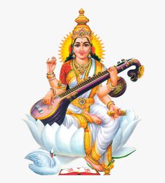 hindu god playing the sita guitar, sitting on top of a cloud with swan