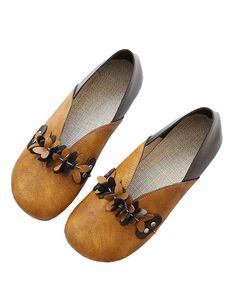 Retro Leather Flower Comfortable Flats — Obiono Brown Low Heel Flats For Spring, Spring Brown Flats With Low Heel, Spring Leather Footbed Low-top Flats, Vintage Low-top Leather Shoes For Spring, Vintage Brown Summer Flats, Brown Low-top Flats With Rubber Sole, Brown Low-top Flats With Textured Sole, Leather Flower, Yellow Beige