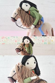 three crocheted dolls riding on the backs of horses