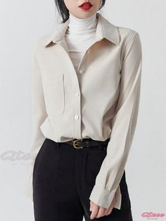 Qteee - Classic Loose Fit Brushed Corduroy Layered Long Sleeve Shirt Casual Beige Office Shirt, Beige Office Shirt For Fall, Casual Beige Office Top, Beige Fall Office Shirt, Fall Office Beige Shirt, Winter Workwear Cotton Blouse, Beige Cotton Office Tops, Winter Office Tops With Button Closure, Beige Winter Workwear Shirt