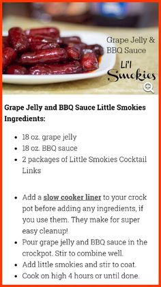 Grape Jelly Bbq Sauce, Smokies Appetizers, Appetizers Crockpot, Rv Snacks, Lil Smokies Recipes, Crockpot Dip, Little Smokies Recipes, Friendsmas Party, Easy Finger Food