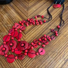 See All Pics For Details! Adjustable Red Jewelry With Black Beads, Red Wooden Beads Jewelry Gift, Red Wooden Beads Jewelry For Gift, Red Wooden Beads Jewelry As A Gift, Red Wooden Beads Round Necklace, Red Necklace With Wooden Beads, Dark Pearl Necklace, Open Heart Ring, Green Charms