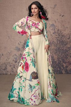 #desifashion #fashion #aesthetic #design Palazzo With Crop Top, Indo Western Outfits For Women, Cream Crop Top, Indo Western Dress, Western Tops, Patiala Salwar, Silk Set, Trendy Collection, Silk Jacket