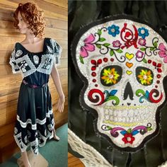 This Is An Amazing Dress Approximately Size Large. Traditional Mexican-Style Dress Trimmed In White Lace And Appliqu Throughout With Dia De Los Muertos Colorful Skulls And Floral Prints. Dress Is Also Embroidered With White Floral Pattern. White Lace Embellishes Dress. Item Slips On Over-The-Head Or Hips And Has Elasticized Top Hem So It Can Be Worn On Or Off-The-Shoulders, Elasticized Waist With Attached Black Ribbon-Style Belt With Floral Appliqu Trim. Beautiful Vertical Pleated Detailing Throughout Body Of Dress. No Fabric Tags, Possibly A Cotton Blend Although I Am Not Positive Of This. Approximate Unstretched Measurements Are 40 Inches At Bust, 26 Inches At Unstretched Waist, Up T Mexican Style Dresses, Ribbon Style, Dress Trims, Colorful Skulls, Dress Item, Traditional Mexican, Mexican Wedding, Mexican Style, Pattern White