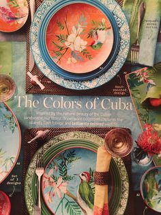 an advertisement for the colors of cuba shows colorful plates and dishes with birds on them