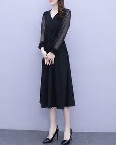 * A high-end midi dress with wide hem, very cool. * Made of quality cotton blends fabric, very smooth and comfortable. * With transparent long sleeves, very beautiful. * Material: 50% cotton, 50% polyester * Size: True to US size, US 0-US 16 are available, you can let us know your usual size and height in your order. * Shipping: Free shipping Processing time : 5-7 Business days Delivery time : 7-20 Business days Tracking number available If you need rush order or expedited shipping, please let u Casual Black V-neck Dress For Fall, Black V-neck Long Sleeve Dress For Spring, Elegant Maxi Length V-neck Dress For Fall, Elegant V-neck Maxi Dress For Fall, Elegant Fall Maxi V-neck Dress, Elegant Black V-neck Dress For Spring, Black Long Sleeve V-neck Dress For Fall, Elegant V-neck Midi Dress For Fall, Black V-neck Maxi Dress For Work