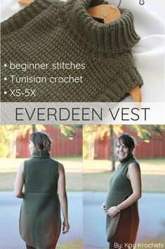 a woman wearing a green knitted sweater with the words evergreen vest written below it