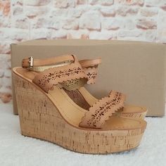 New...Not Used....Authentic 5" Cork Wedge Heel, 1.5" Platform Ginger (Color) Perforated Vegan Leather Sandal Ankle Strap With Buckle Closure Manmade Sole Note, Will Ship In Box Pictured. Closed Toe Wedge Sandals With Cork-bed Midsoles, Coach Platform Wedge Heels, Coach Platform Wedge Sandals, Brown Coach High Heel Sandals, Coach High Heel Summer Shoes, Coach Summer High Heel Shoes, Coach Brown High Heel Sandals, Summer Coach Leather Heels, Coach Summer Wedge Sandals