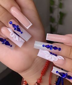 Blue Latina Nails, Royal Blue Acrylic Nails Design, Blue Quince Nails, Royal Blue Quince Nails, Bedazzled Nails, Blue Prom Nails, Acrylic Nail Designs Coffin, Blue And Silver Nails