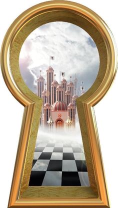 an open keyhole with a castle in the middle and checkerboard flooring