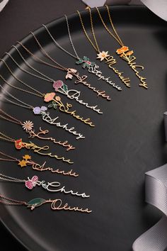 We creating this custom gold birth flower name necklace you see using 925 sterling silver and 14k gold. It is the perfect accessory that will suit your shine or make it feel special. It will be a unique gift that will add meaning to your precious days such as graduations, birthdays, mother's days, wedding events. If you like the personalized jewelry we have created for you, you can look at we other designs here: https://www.etsy.com/shop/DaintyPersonalizedCo Check out our social media @daintypersonalized and let's meet you there too! Thank you for supporting women with small businesses! We hope you like the jewelry we creating for you. XoXo Birth Month Flower, Flower Names, Jewelry Bridesmaid, Jewelry Accessories Ideas, Name Jewelry, Custom Name Necklace, Flower Jewelry, Birth Flower, Necklace Personalized