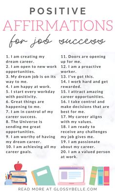 a poster with the words positive affirmations for job success and an image of books