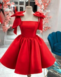 Dress For Mini Prom, Aramex Delivery, Mini Satin Dress, Short Bow, Satin Sleeves, Dress Short Prom, Fancy Short Dresses, Bow Straps, Gala Gown